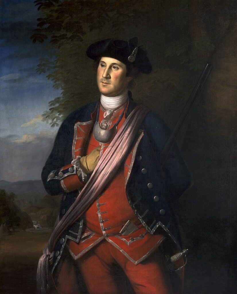 This portrait of Washington was painted in 1772 by Charles Willson Peale, and shows Washington in uniform as a colonel of the Virginia Regiment. The original hangs in Lee Chapel at Washington and Lee University in Lexington, Virginia. It is the earliest known depiction of Washington.
